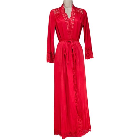 Vintage Olga Red Nylon With Lace Trim Peignoir Night Robe Old Hollywood Size P - Picture 1 of 8